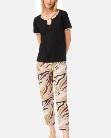 Minerva Εμπριμέ Κοντομάνικη Γυναικεία Πυτζάμα με μακρύ Παντελόνι 90-52546