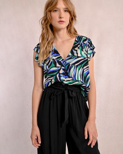 Molly Bracken Εμπριμέ Μπλούζα με βολάν στο μανίκι P1784DP